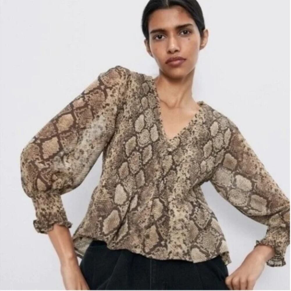 Zara The Veronica Blouse Snake Print Python Ruffle Long Sleeves Brown Tan M‎